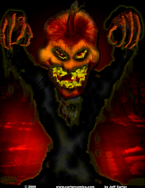 an abstract illustration of an evil clown in red, orange, yellow, and black colors