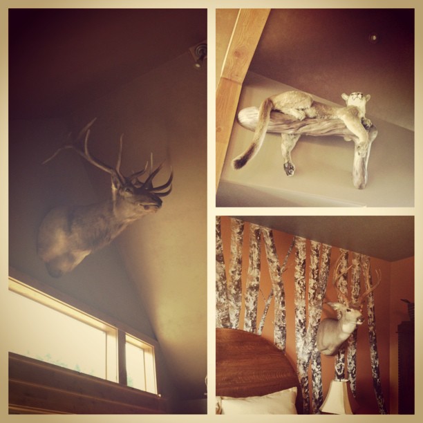 there is many deer statues next to this bedroom