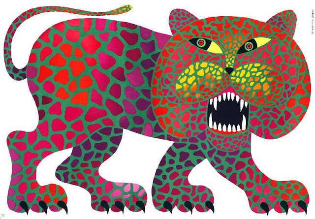 a pink and green leopard with an evil mouth