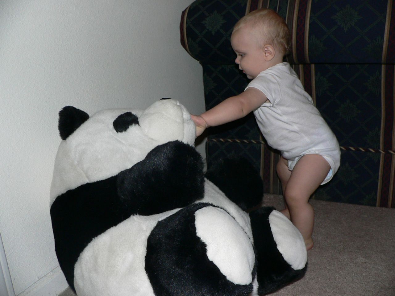 a baby playing with a giant panda bear