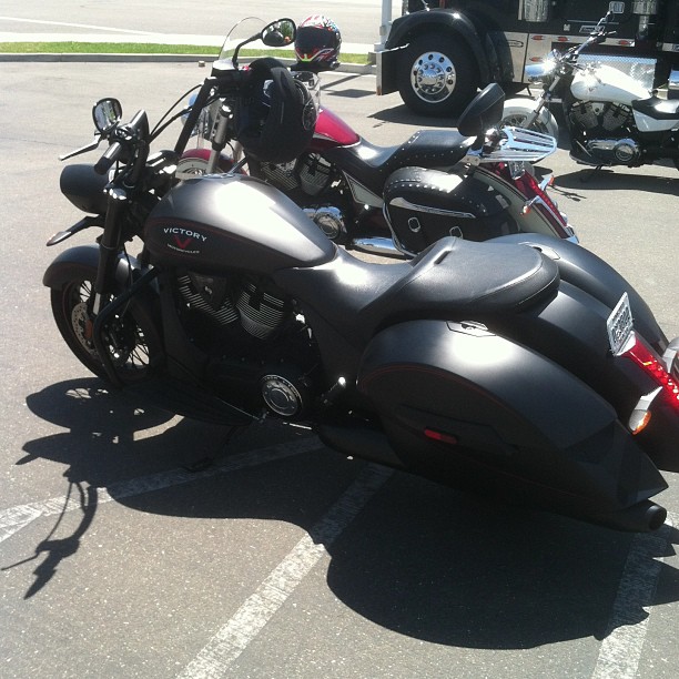 the motorbike is parked in the parking lot