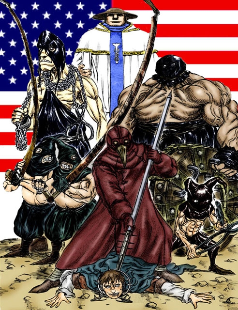 an illustration of a group of men with guns in front of a us flag