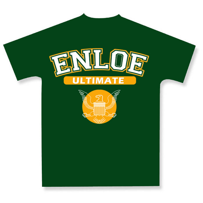 the t - shirt is green with orange lettering