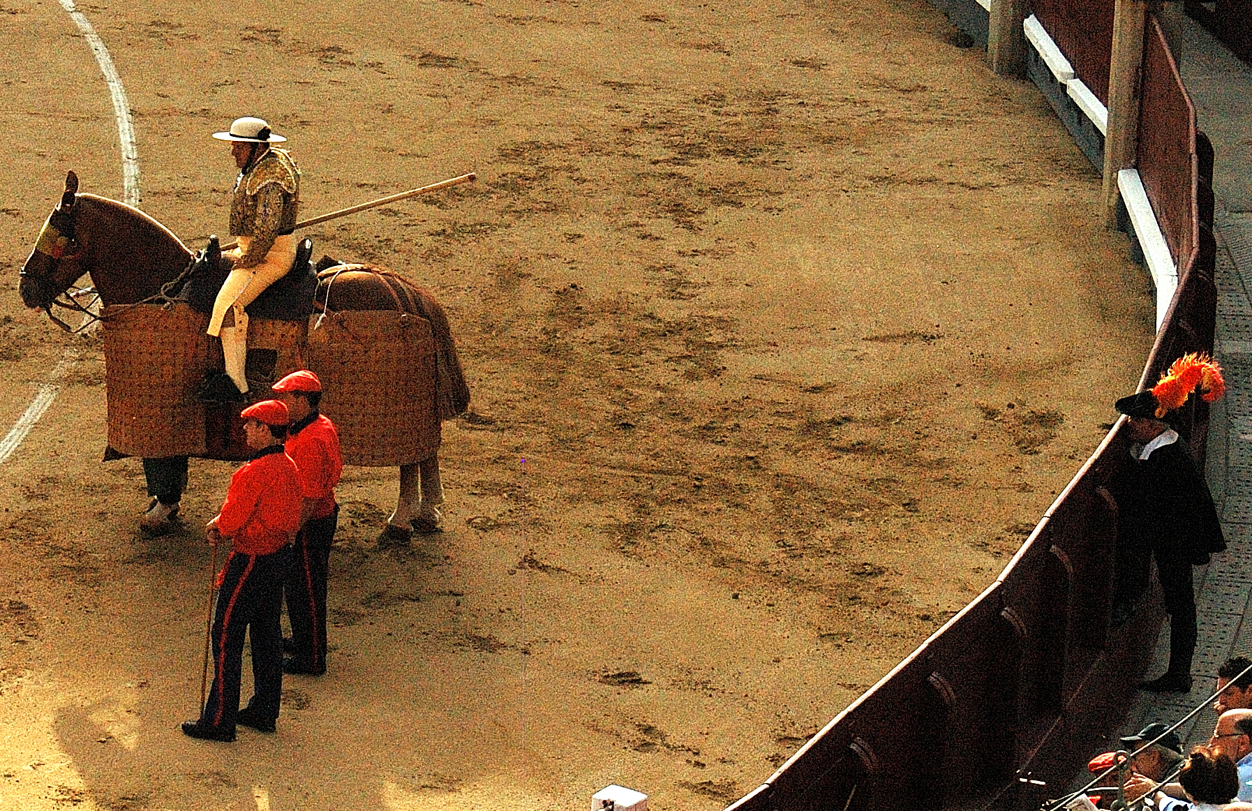 a man on a horse standing next to an audience