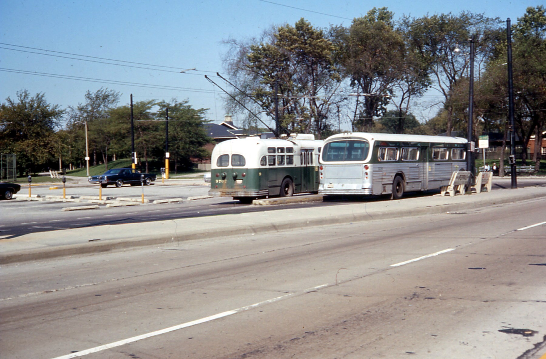 two buses parked on the side of the road in front of cars