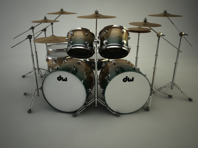 the image shows a pograph of a drum set with cymbals