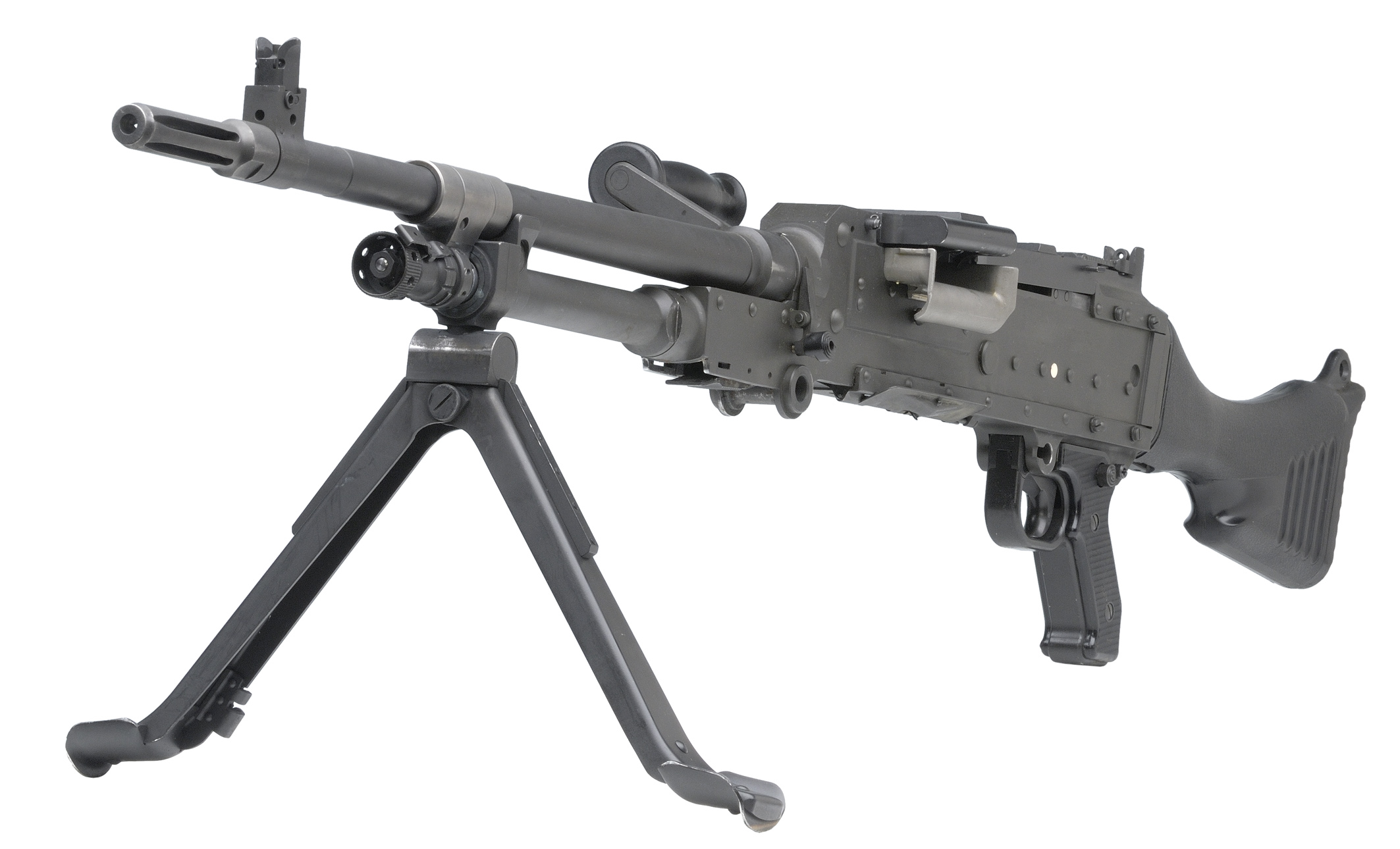 the rifle scope with its barrel up is in a machine gun holder