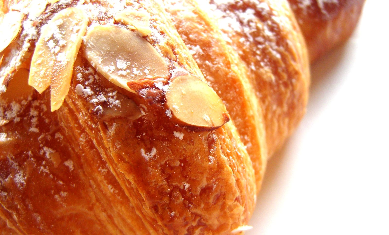 a fresh baked pastry with almonds and powdered sugar