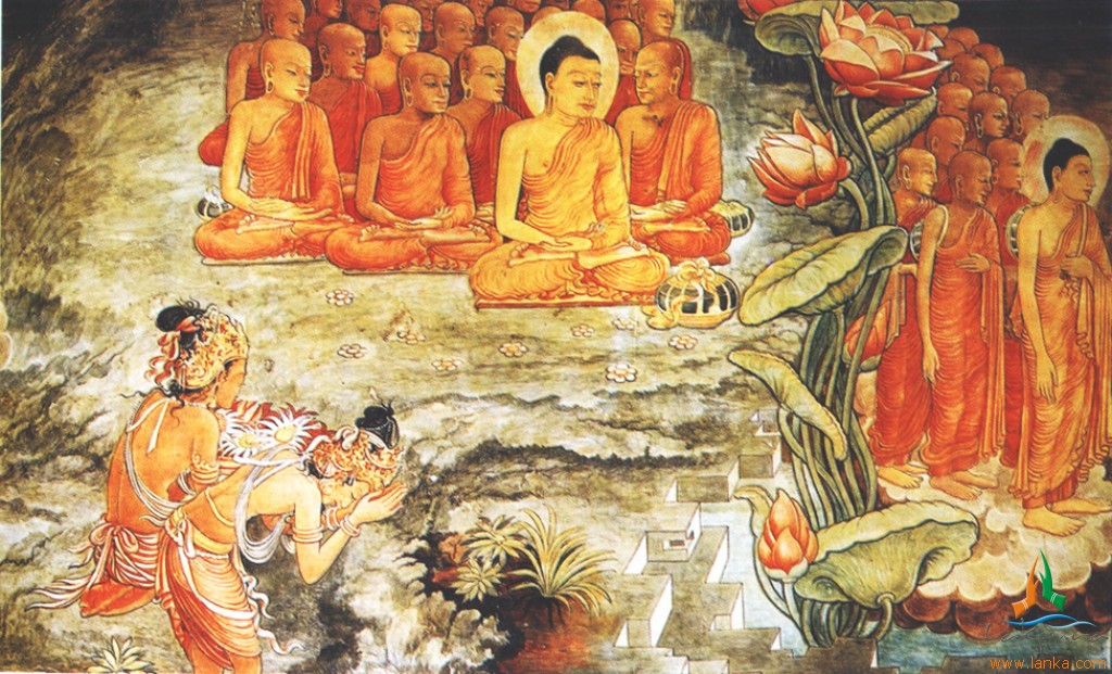 mural with many buddhas and flower petals