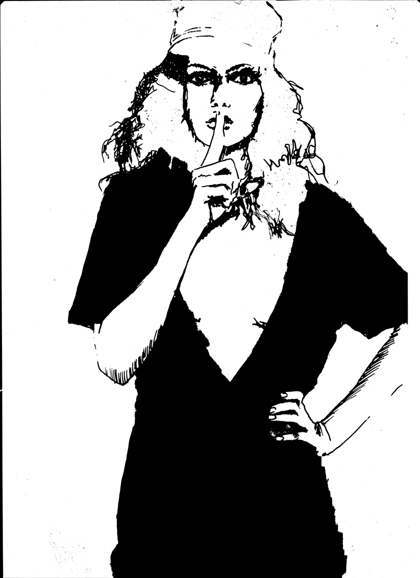 black and white drawing of a woman in glasses