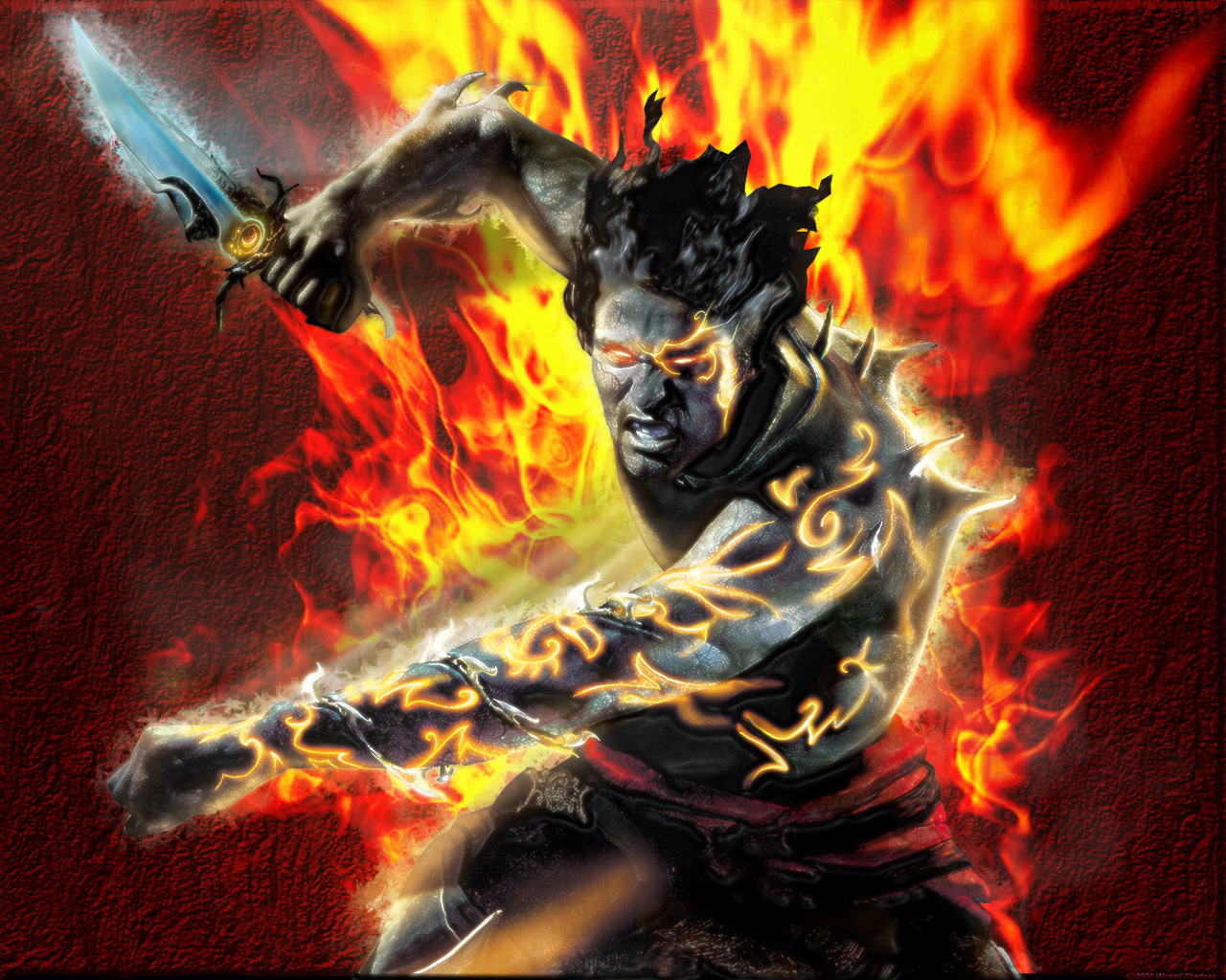 a guy is holding a sword in front of flames