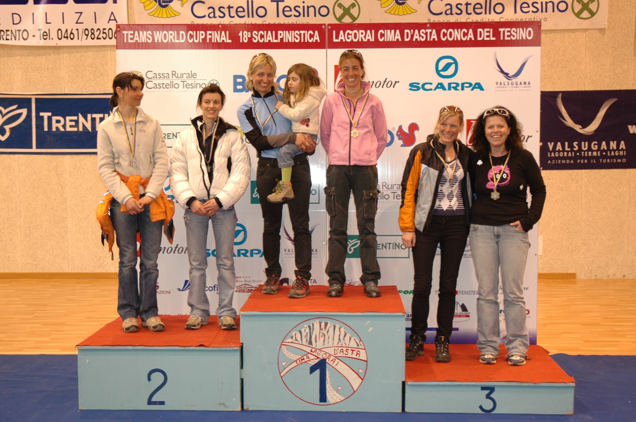 a group of people on top of a prize podium