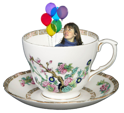 a woman with balloons sticking out of her face in a teacup