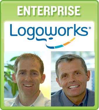 two men are pictured with logos of the company