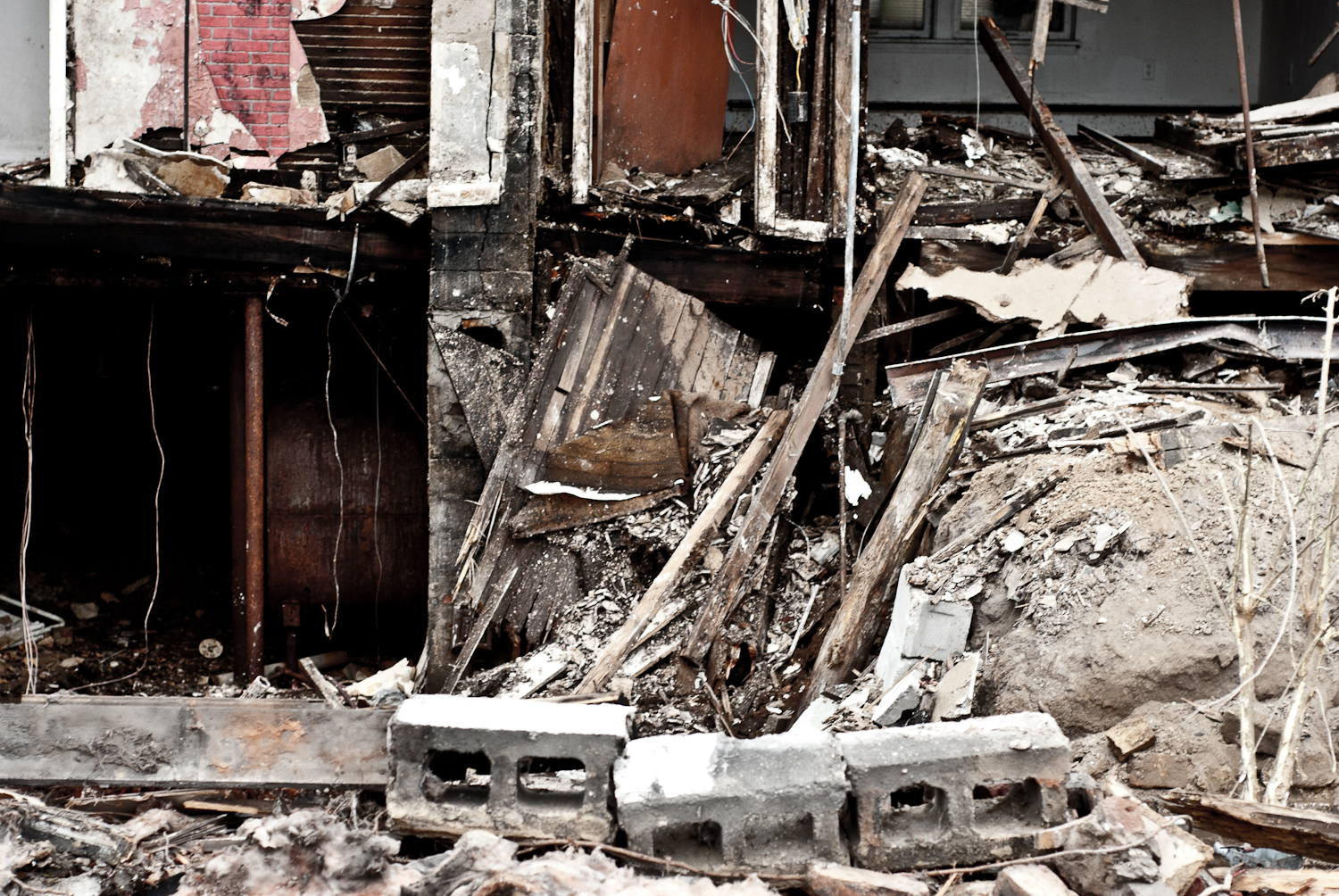 rubble that looks like a fire station and building