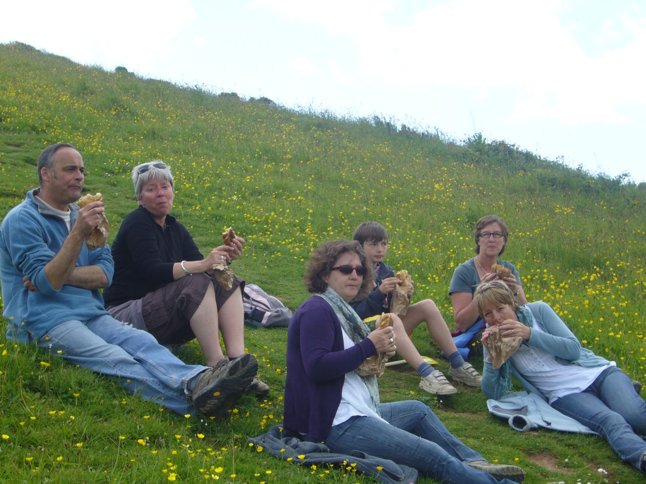 four people are on the grass playing music