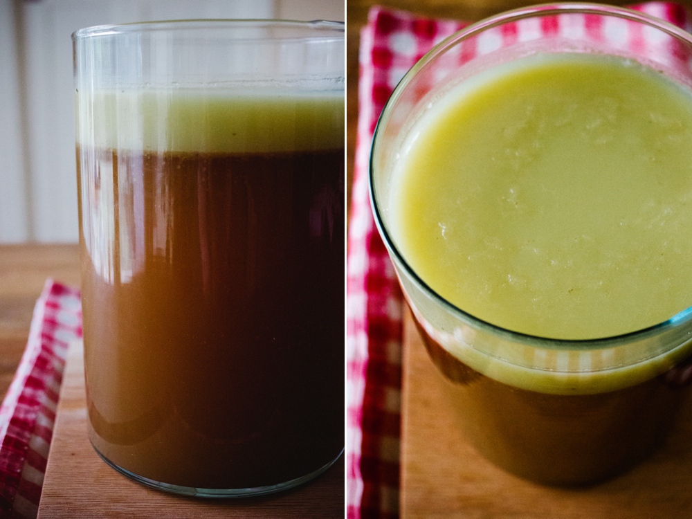 two pographs of a glass of beverage with a straw