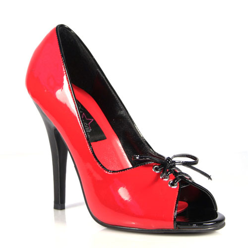 a red high heel shoe is shown against a white background