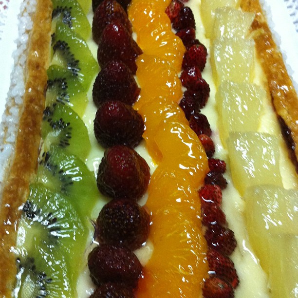 a close up of fruit dessert on a plate
