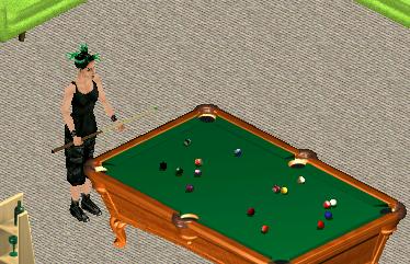 an animated woman playing pool next to a pool table