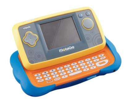 a blue and orange portable tablet and keyboard