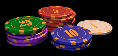 four different colored casino chips are stacked up