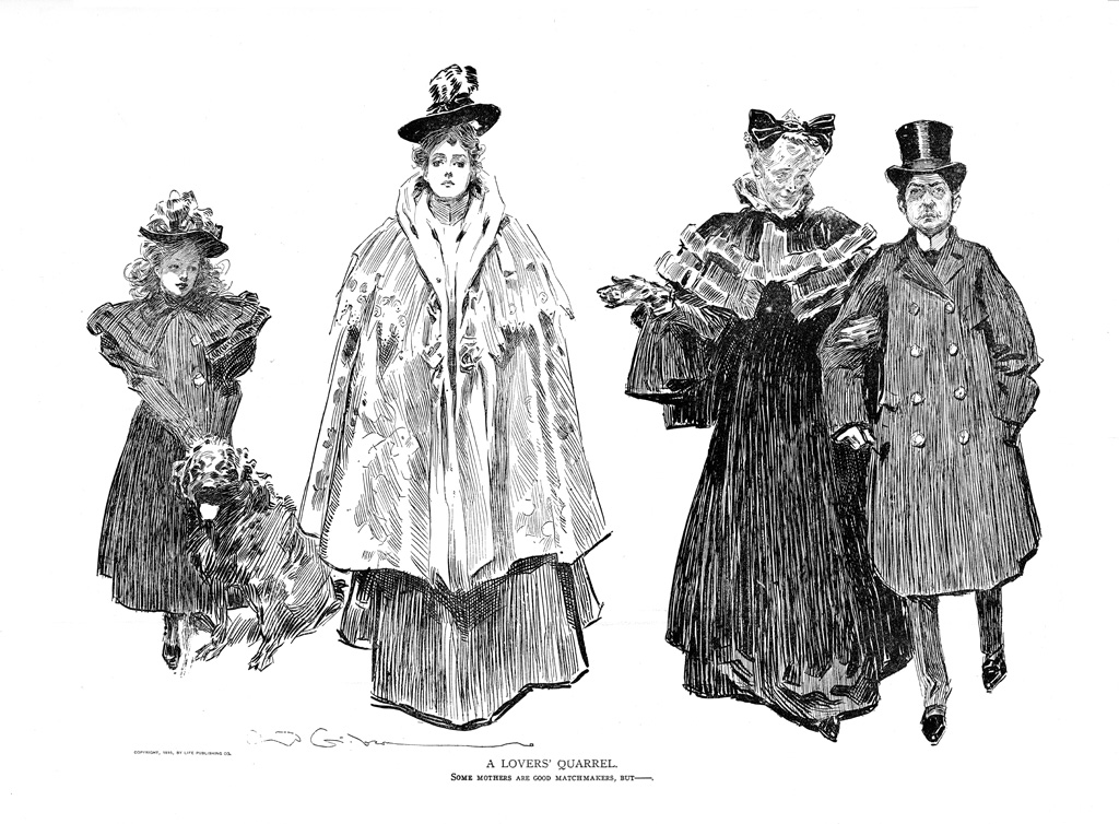 three ladies in long dresses with hats