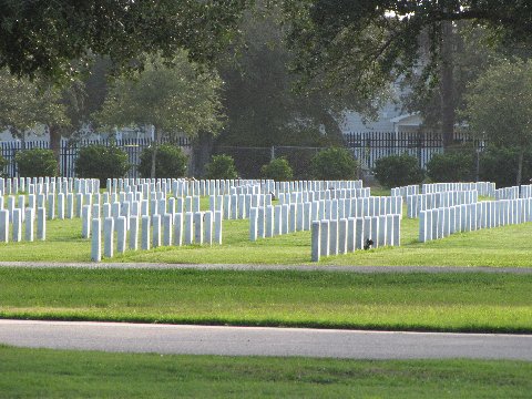 the cemetery has several large white graves set in rows