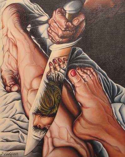 the artwork depicts an adult being pulled by another individual