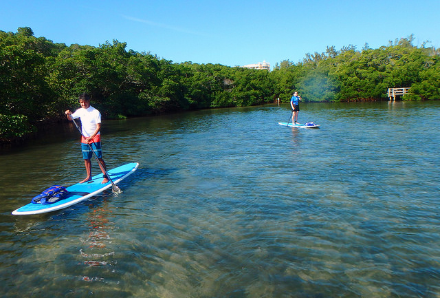 a man standing on top of a blue paddle board