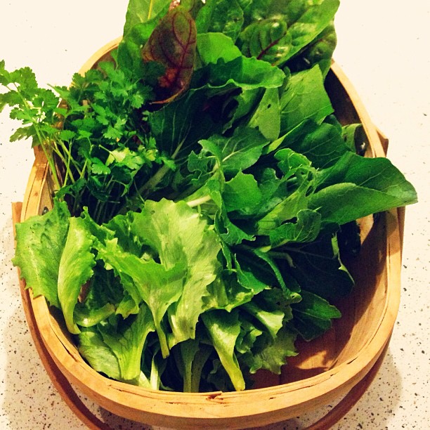 there are some greens in the basket on a table