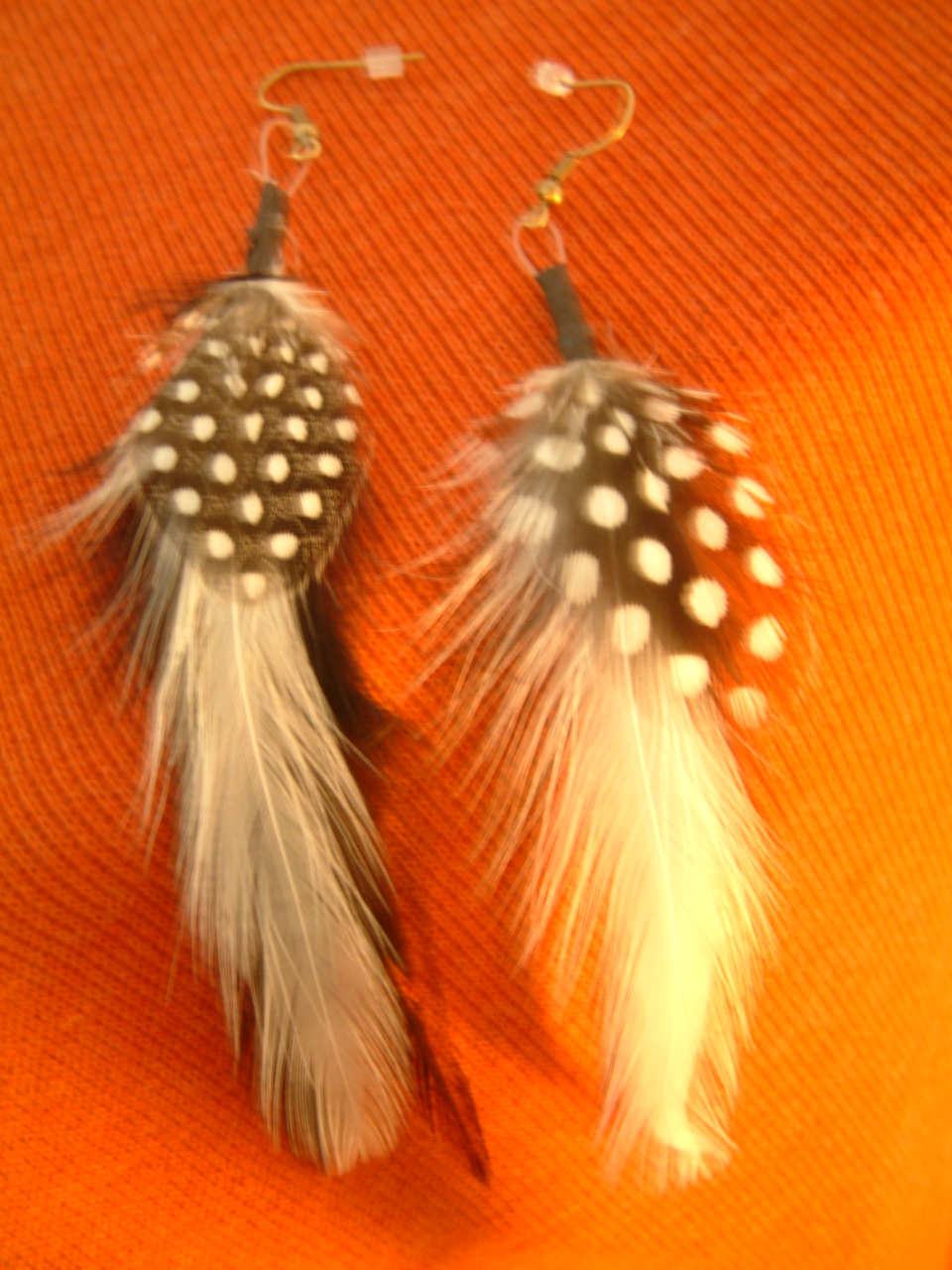 a pair of white and gray feathers that are sitting on top of an orange cloth