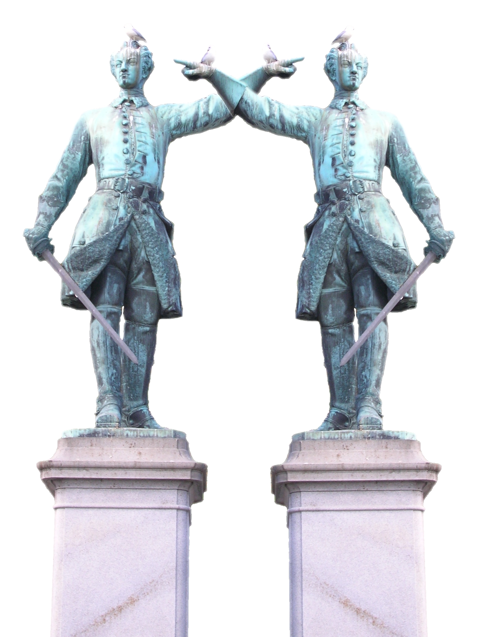 two bronze statues of the same person