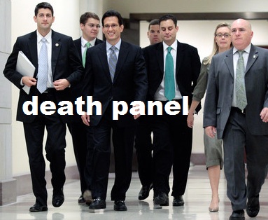 a group of businessmen walk together while the caption says death panel