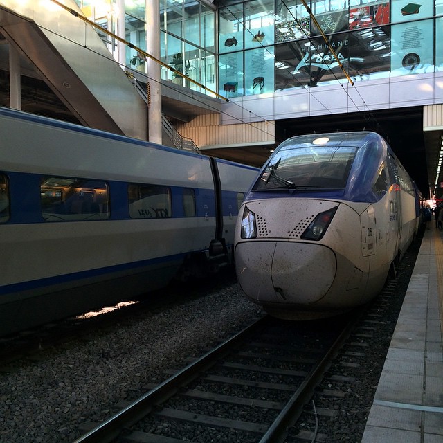 two passenger trains sit on the tracks near an indoor tunnel