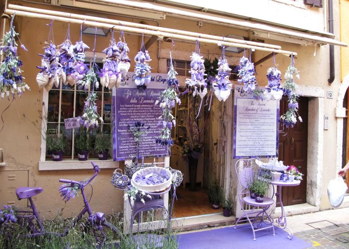 a shop with several decorative lavender decorations in front of it