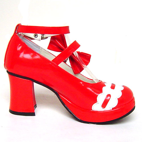 the red shoe has bows on the platform