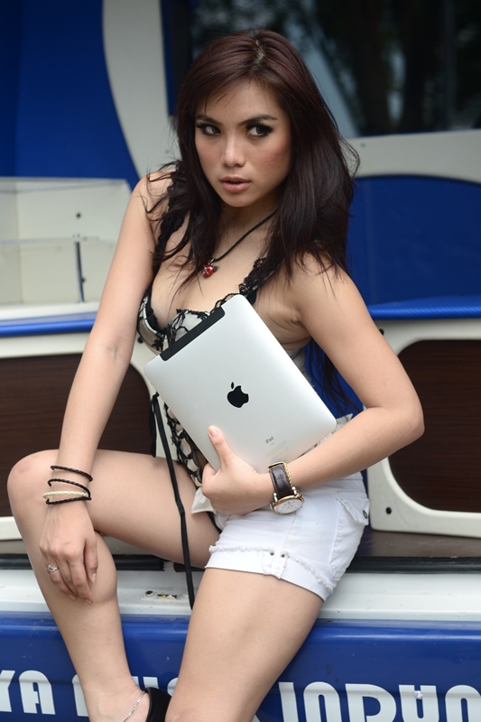 an image of an attractive woman with an apple computer