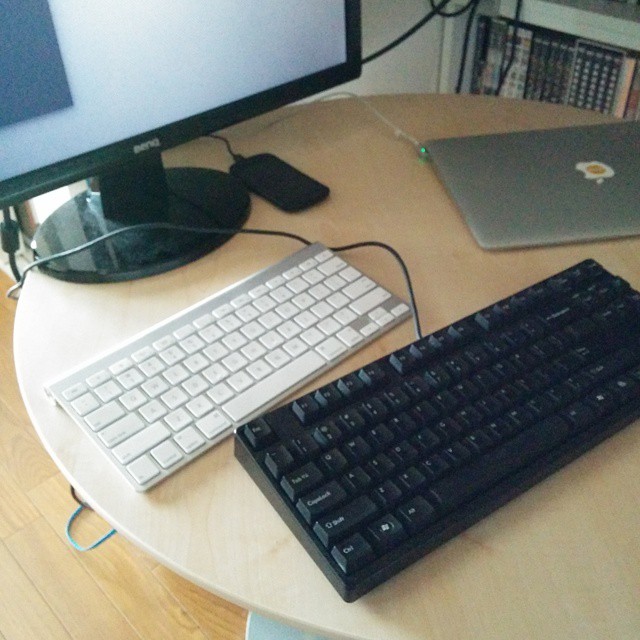 a table with a computer, keyboard and mouse