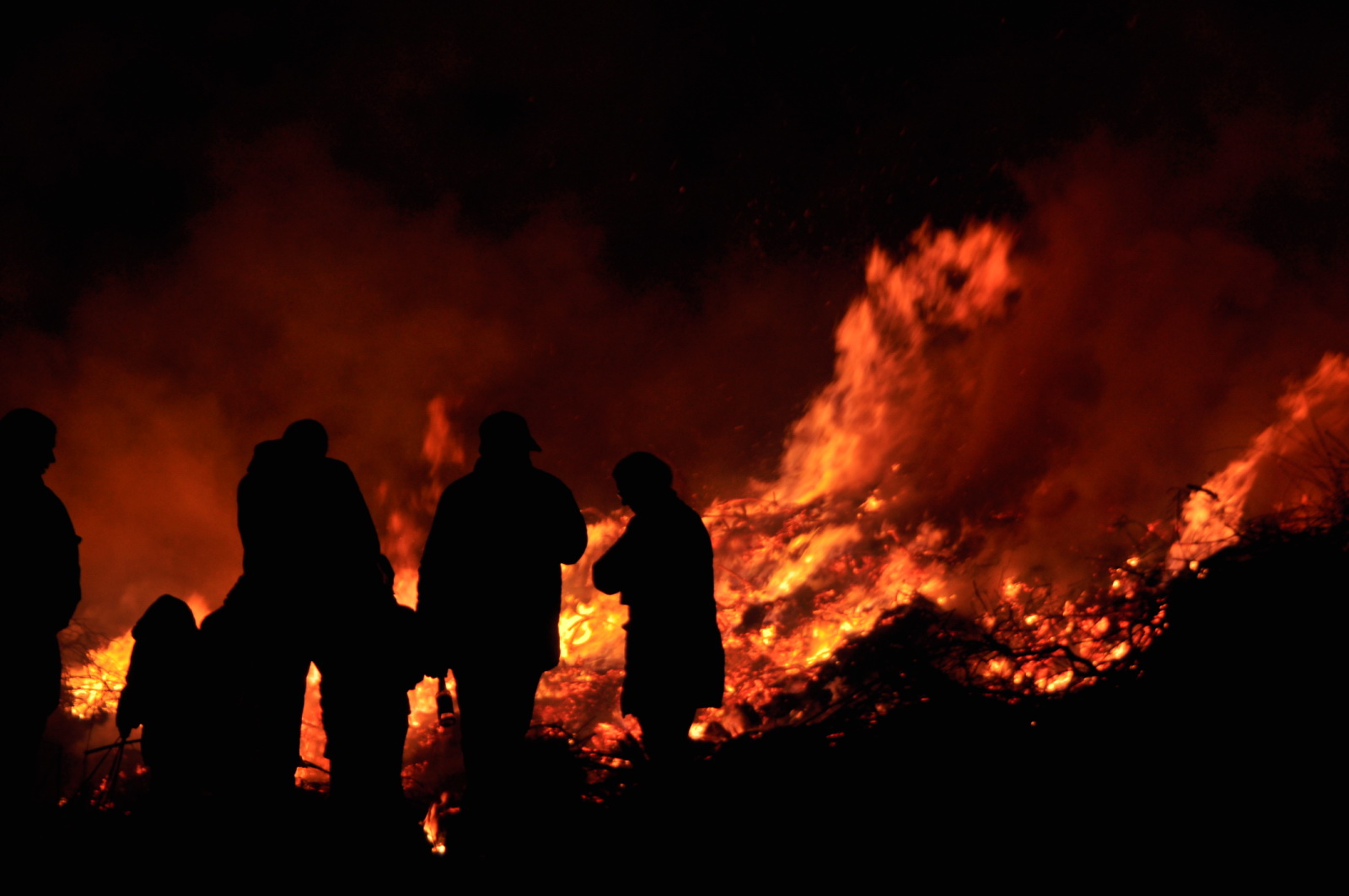 silhouettes of people standing by fire at night