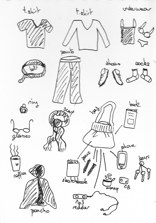 the drawing depicts a white piece of paper with various items in it