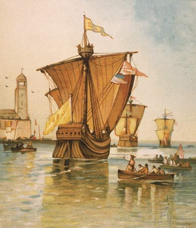 a painting of boats that are on the water