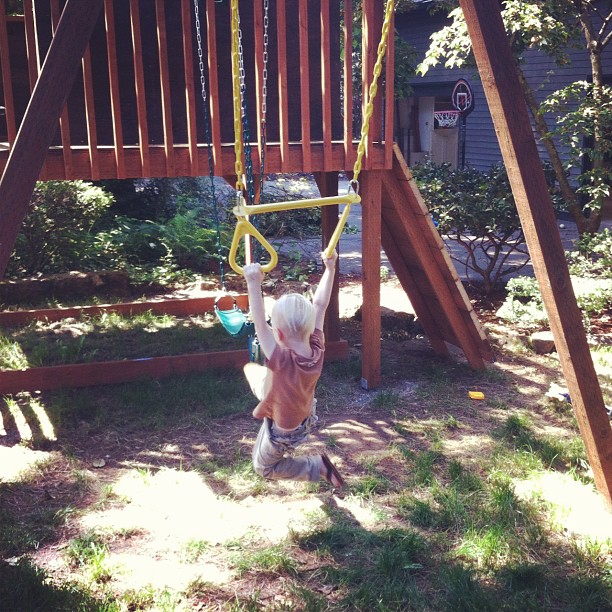 there is a child on a swing in the yard