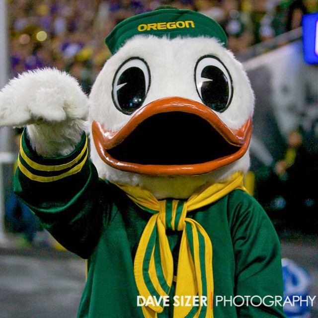 a mascot wearing green and yellow with big eyes