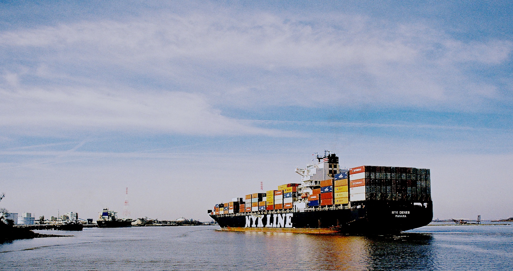 large container ship in the middle of water near a town