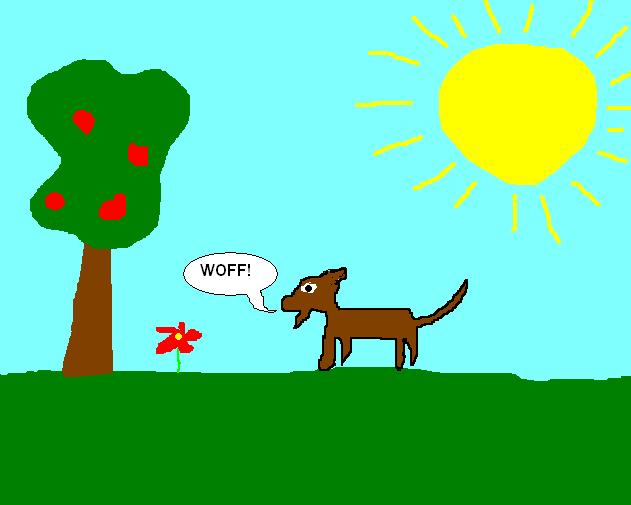 a cartoon style image of a dog outside with a speech bubble