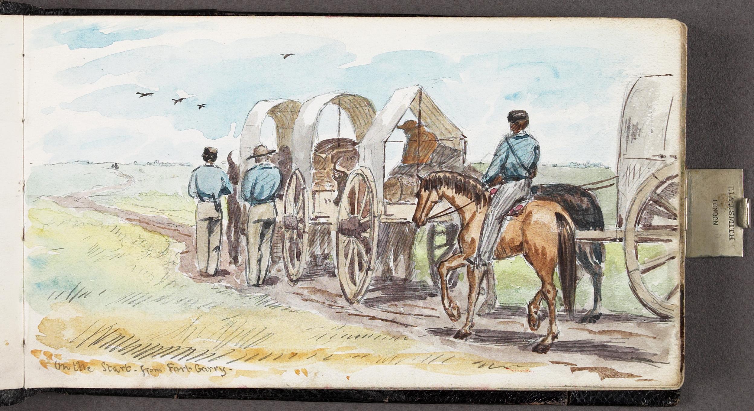 a drawing with horse and carriage drawn by four people