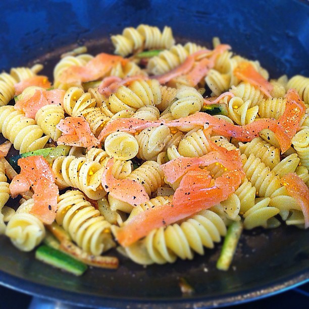 some very pretty pasta salad with salmon in it