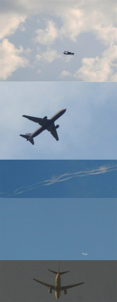 there are different pictures of airplanes that can be seen flying