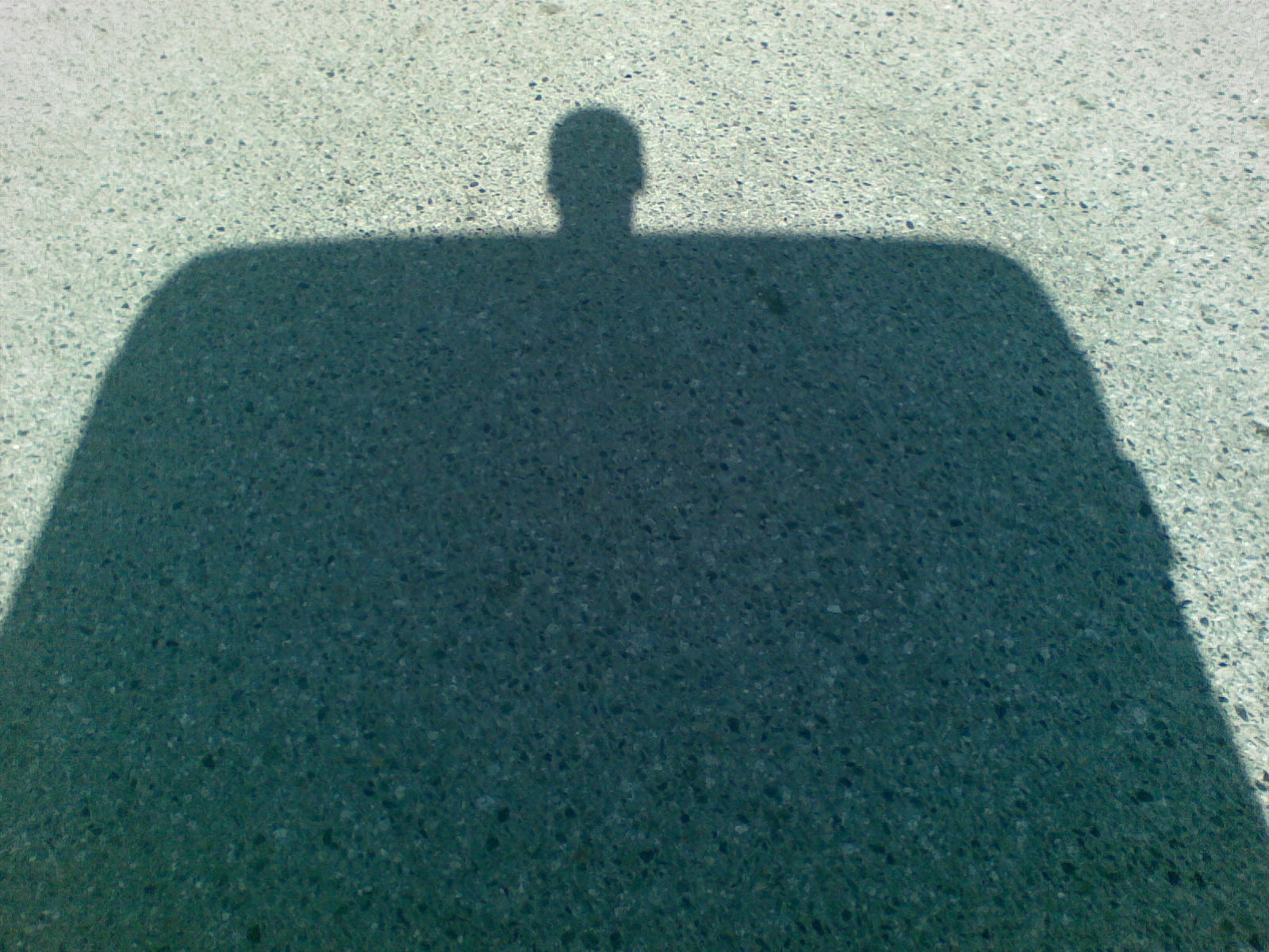 a shadow of a man walking across the street with a camera flash in the background
